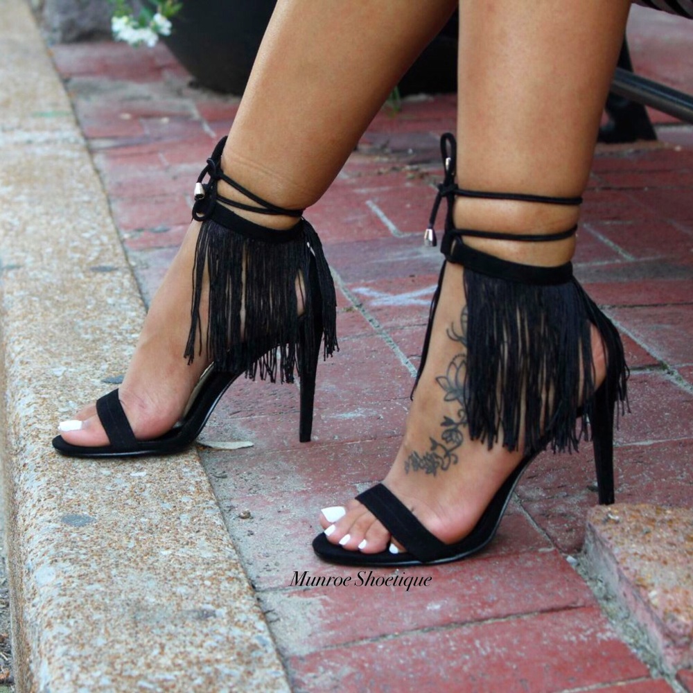 Black Fringe Ankle Tie Heels
